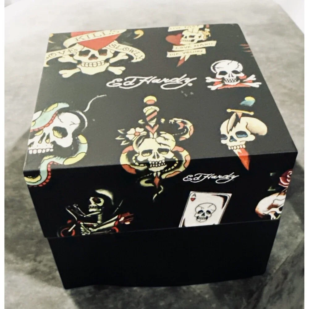 Ed Hardy Singles Men's Beaded Skull 53mm Dial/ Matte Black/White, Metal Band